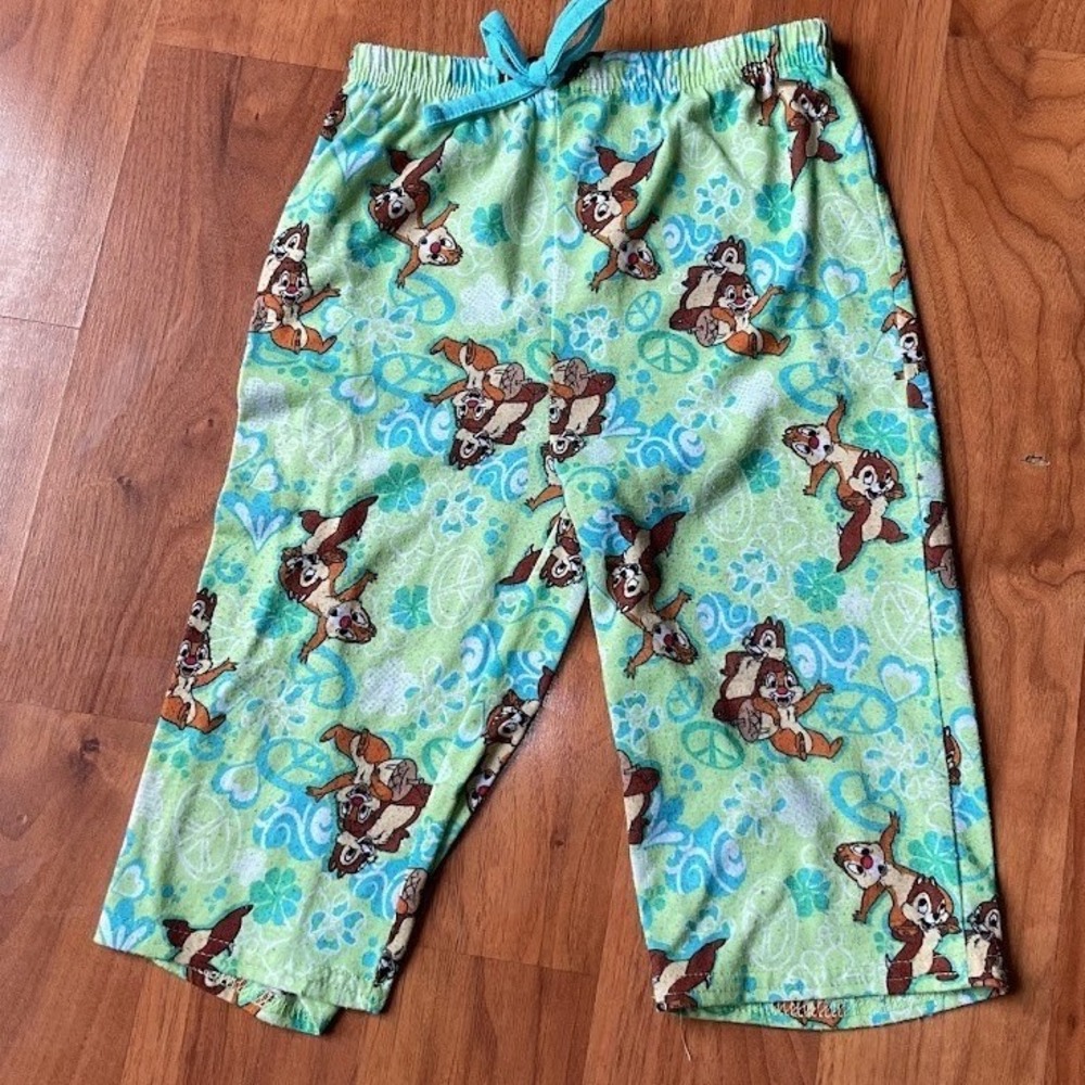 Disney Chip N Dale Green PJ Pants XS 4/5 Peace Signs Hearts Cozy Sleepwear